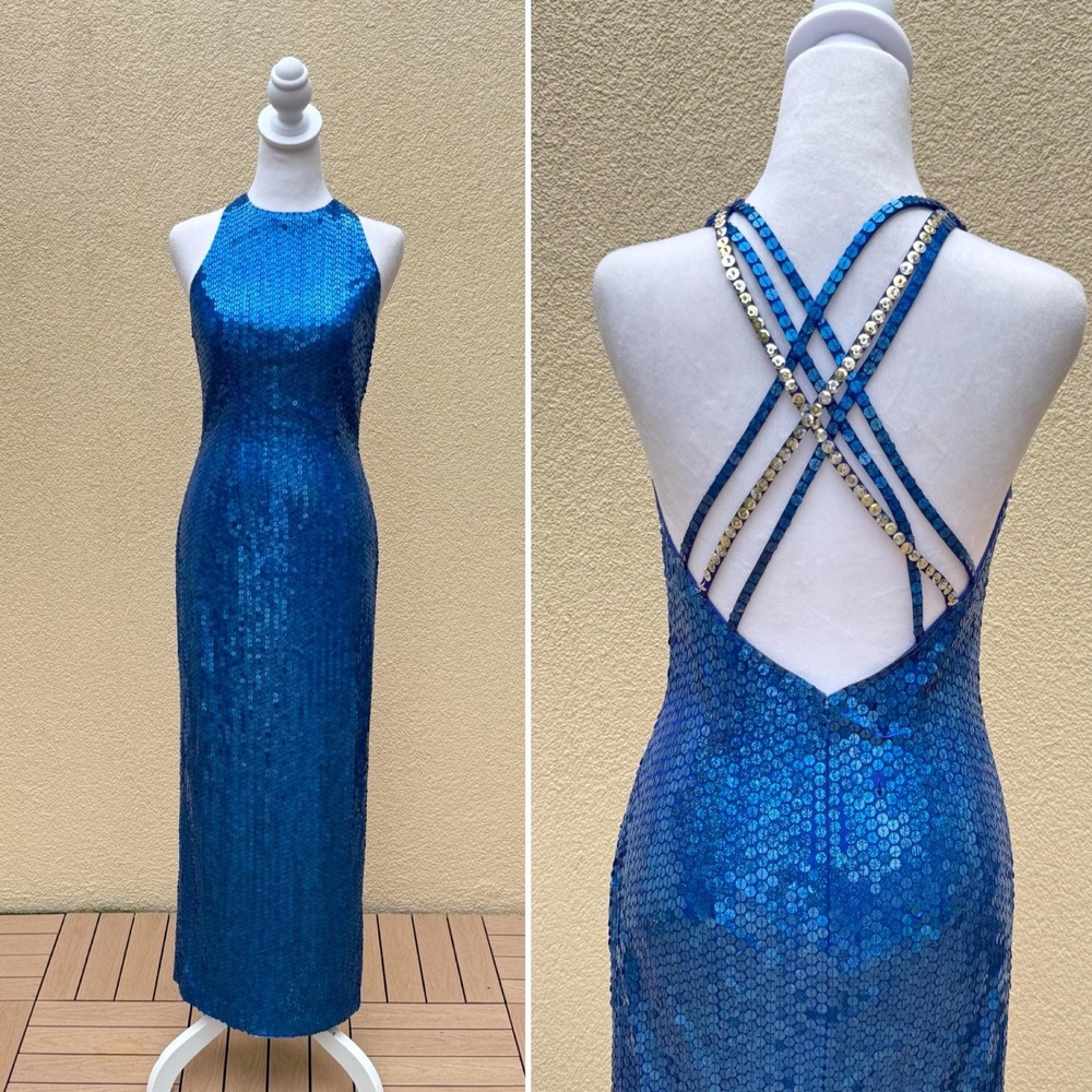 NITELINE by Della Roufogali Blue Sequin Halter neck Silk long Dress